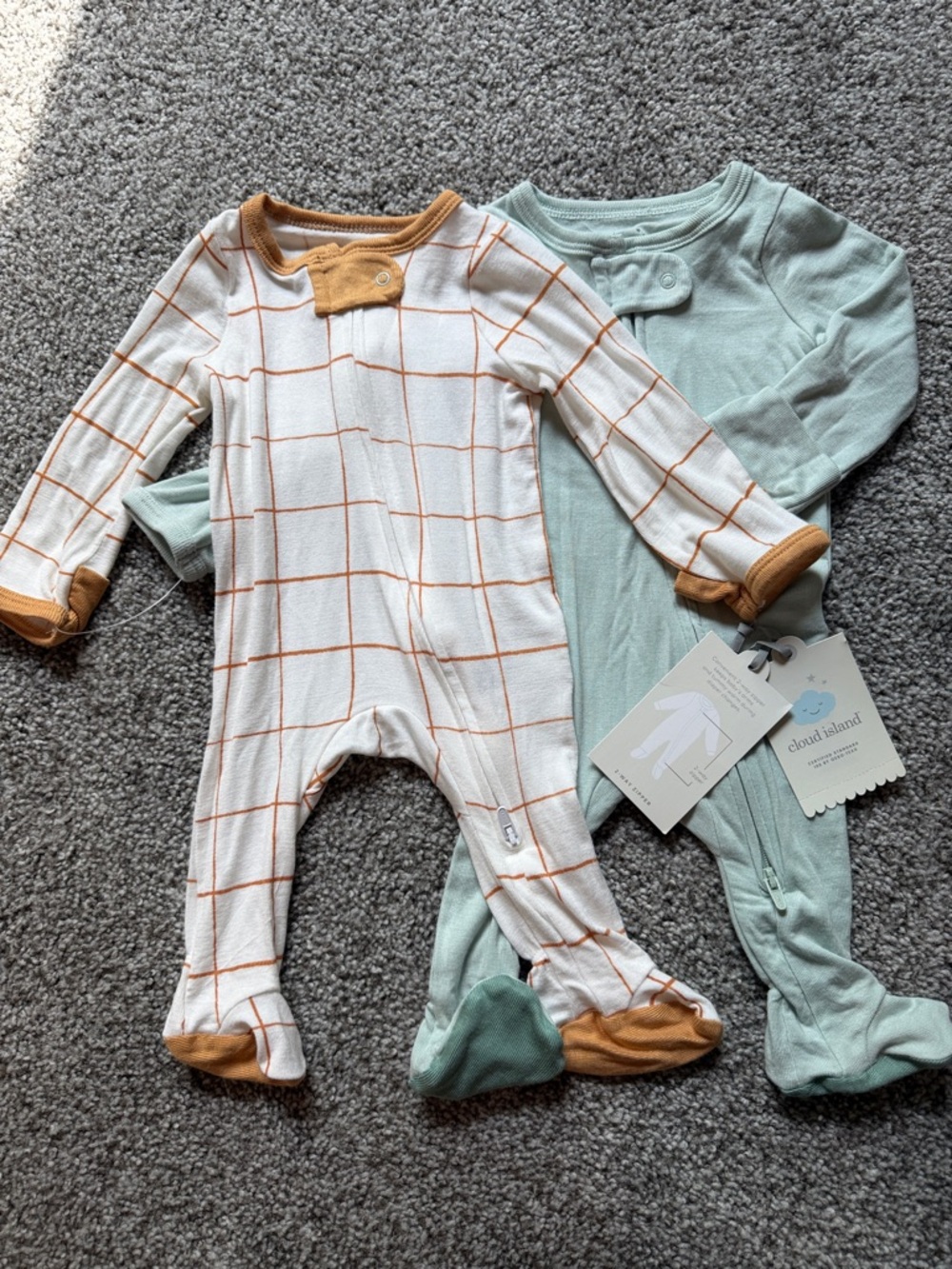 Cloud Island Mint and White Grid Footies with Tan Trim - 2-Pack